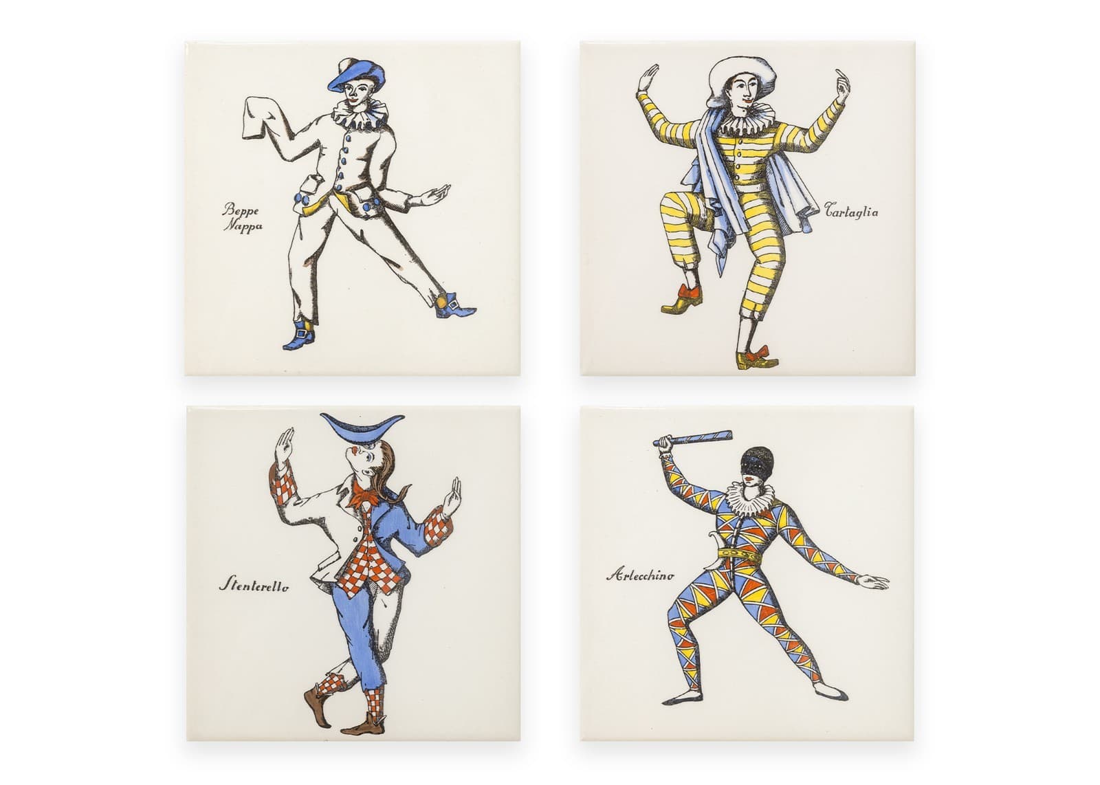 Piero Fornasetti Maschere Italiane Commedia dell’Arte 1950s Ceramic Tiles Framed