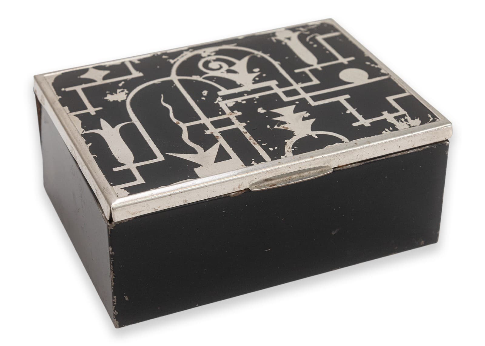 The Beckhard Line - Art Deco Black Wooden Box with Chrome Modern Inlay Design, c
