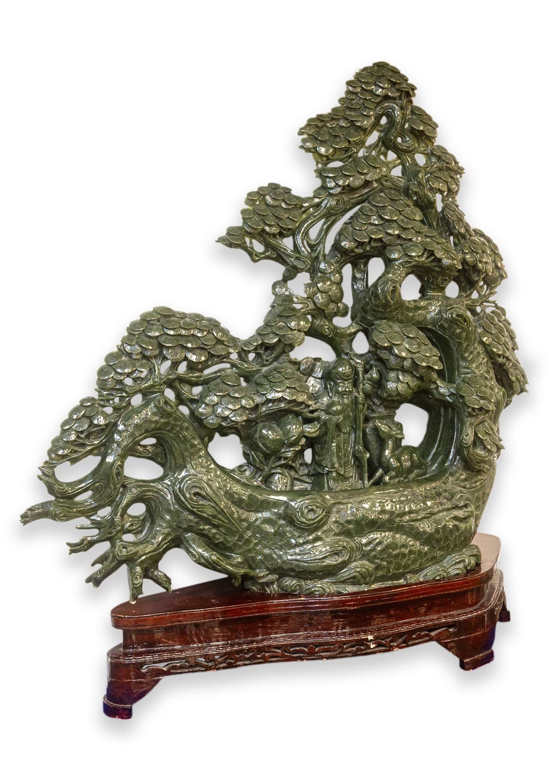 Chinese Carved Jade Sculpture with Shou Lao, Deer, and Dragon Base 36”