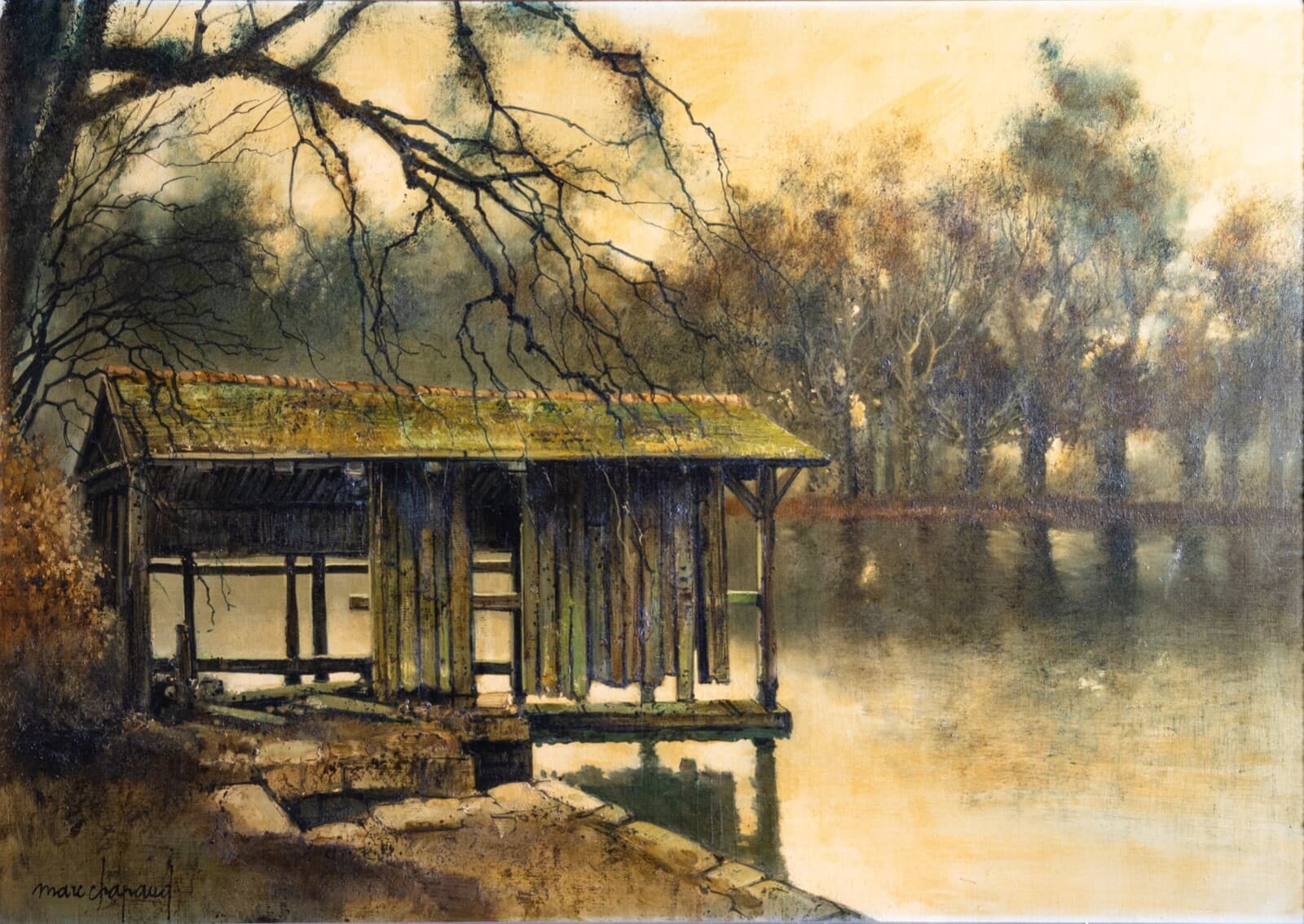 Marc Capaud Etang at Sologne Signed 1975 Oil Painting on Canvas French Landscape