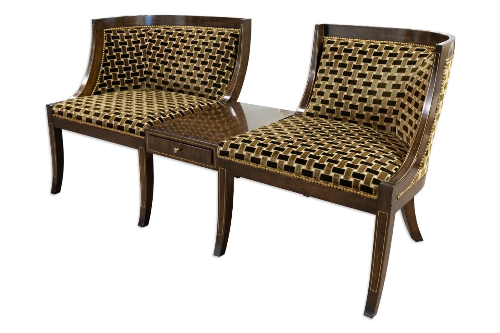 Vintage Mahogany Two-Seat Conversation Settee With Central Table And Drawer