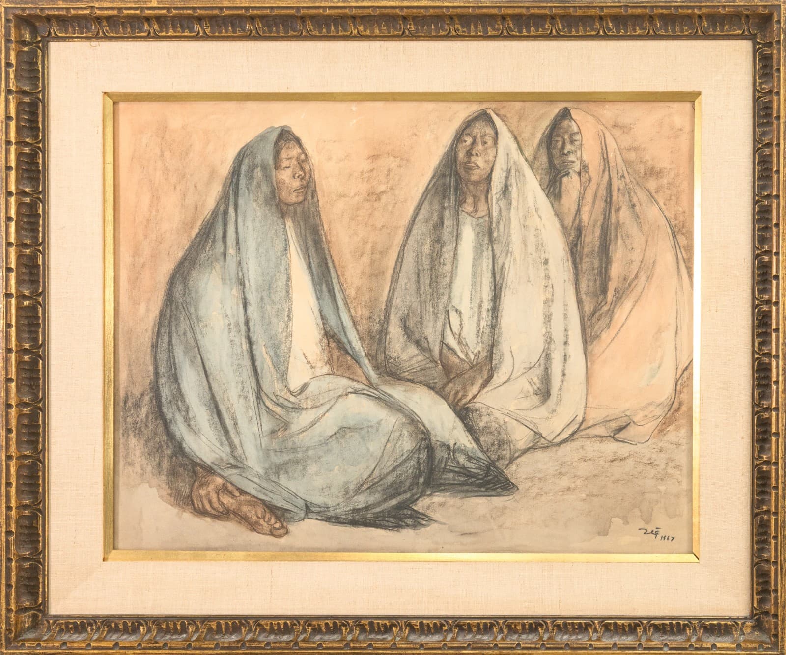 Francisco Zuniga - Untitled (Three Seated Women) Signed Pastel Drawing on Paper