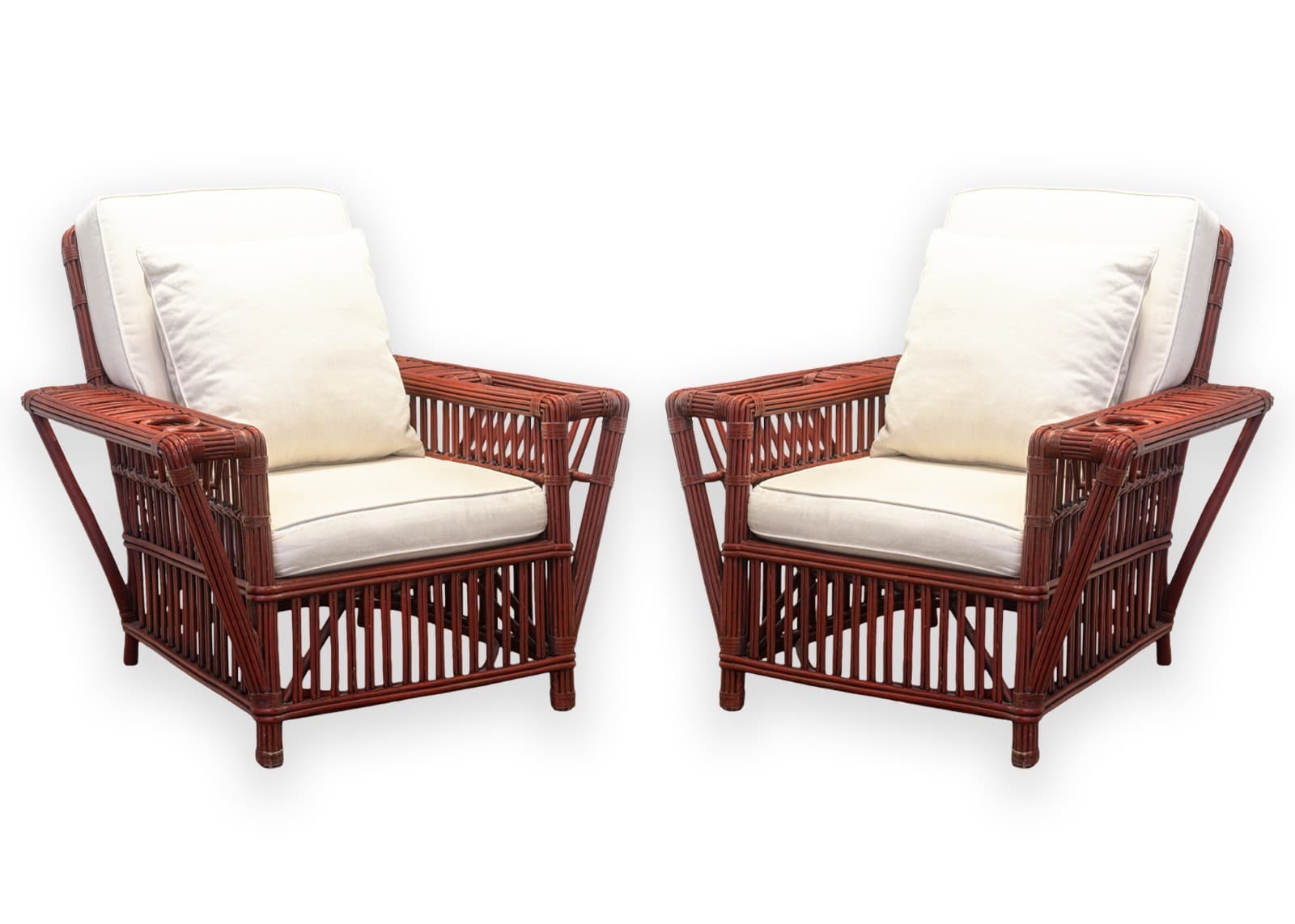 Pair of Vintage Palecek President's Chairs Red Rattan White Cushion Patio Chairs
