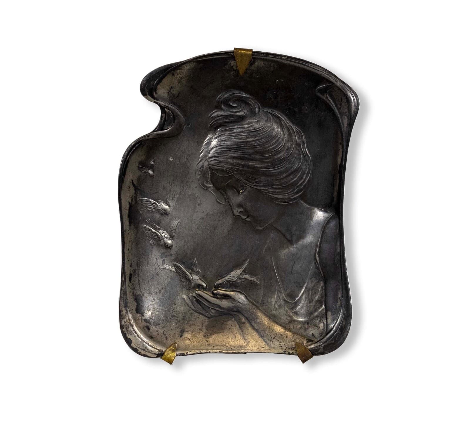 Art Nouveau Deco Antique Silver Plated Tray or Plaque Female Figure with Bird