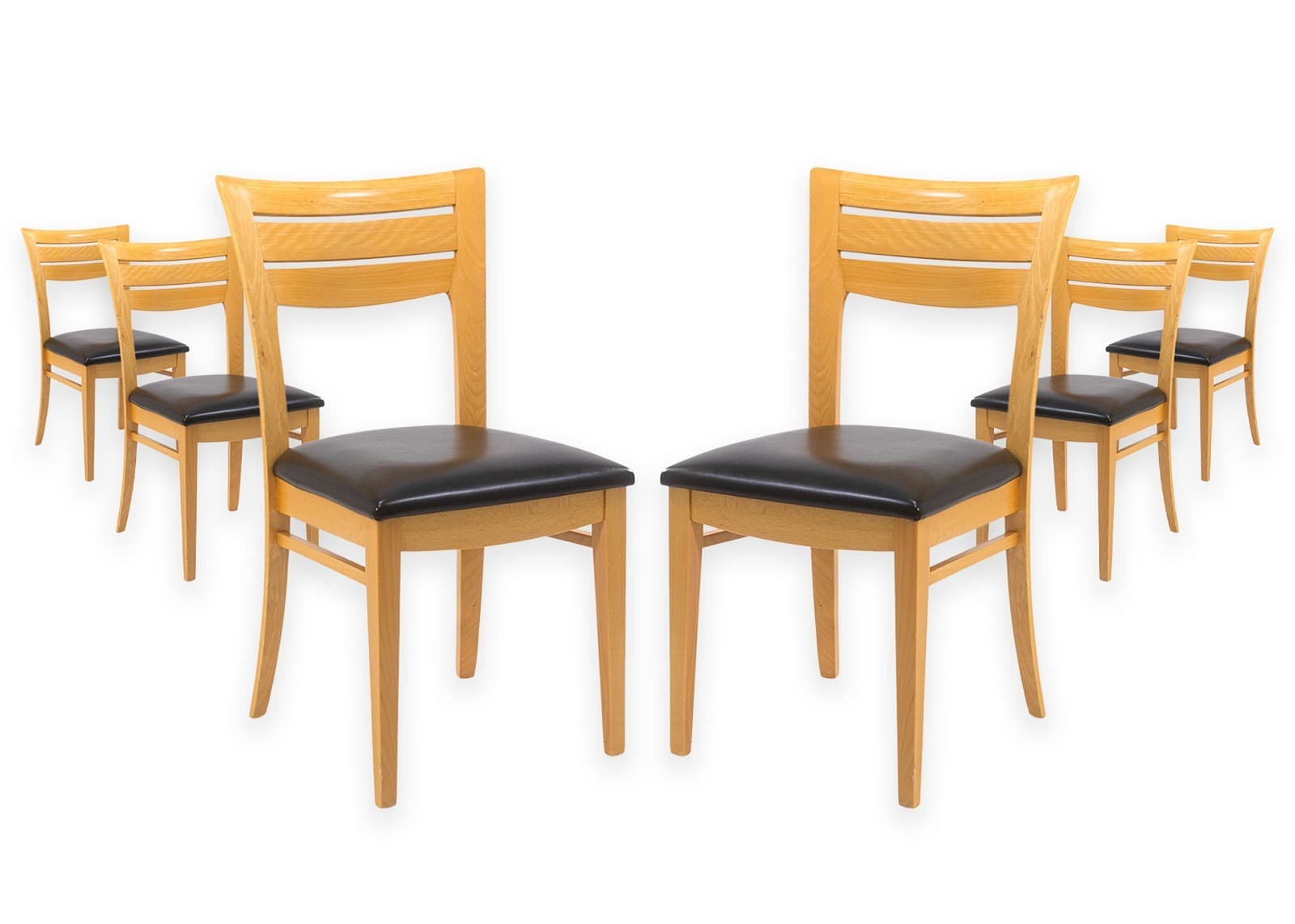 Set of 6 Lowenstein Blonde Wood and Black Leather Vintage Dining Chairs