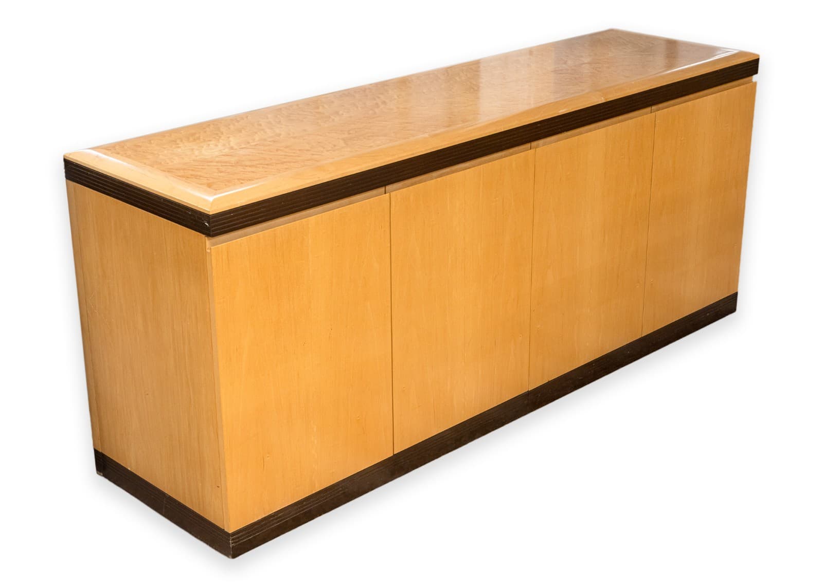 Vintage Postmodern Burlwood Sideboard Credenza Cabinet