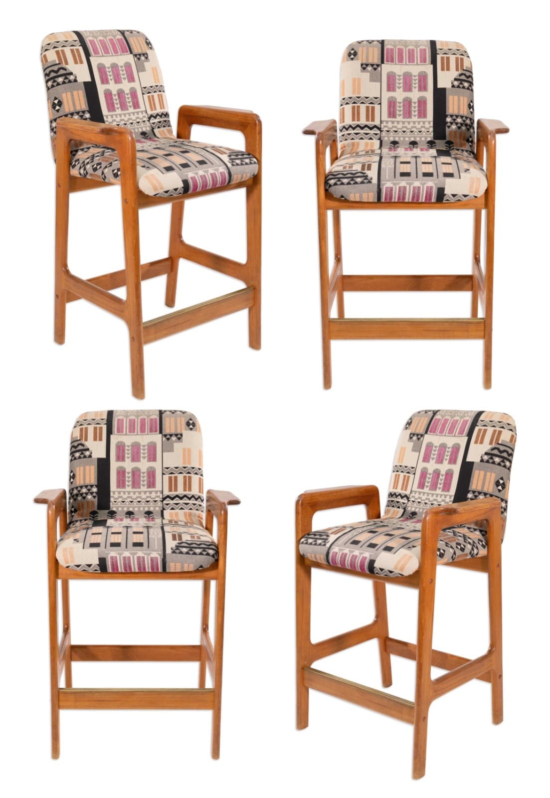 Set of 4 Mid Century Benny Linden Teak Barstools with Geometric Upholstery 1990s