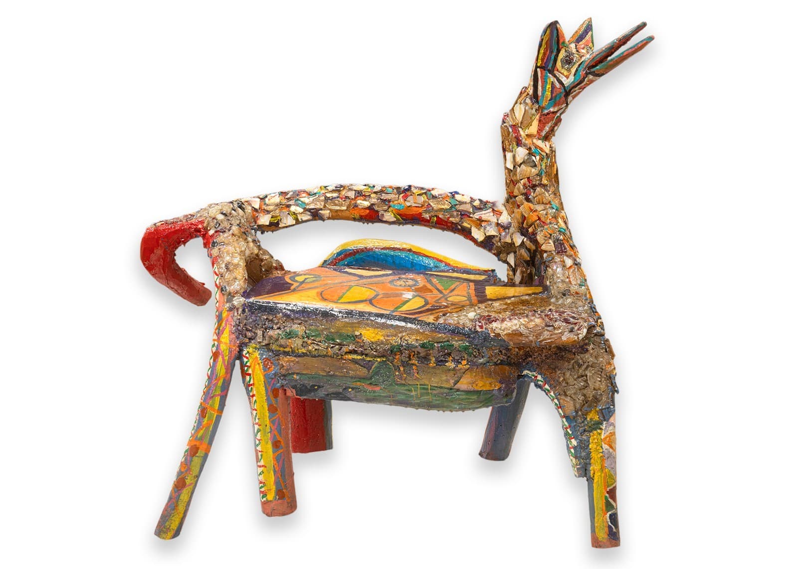 Willie Leroy Elliot Jr. - Wolf Bench, c. 1990 Mixed Media Mosaic Art Sculpture