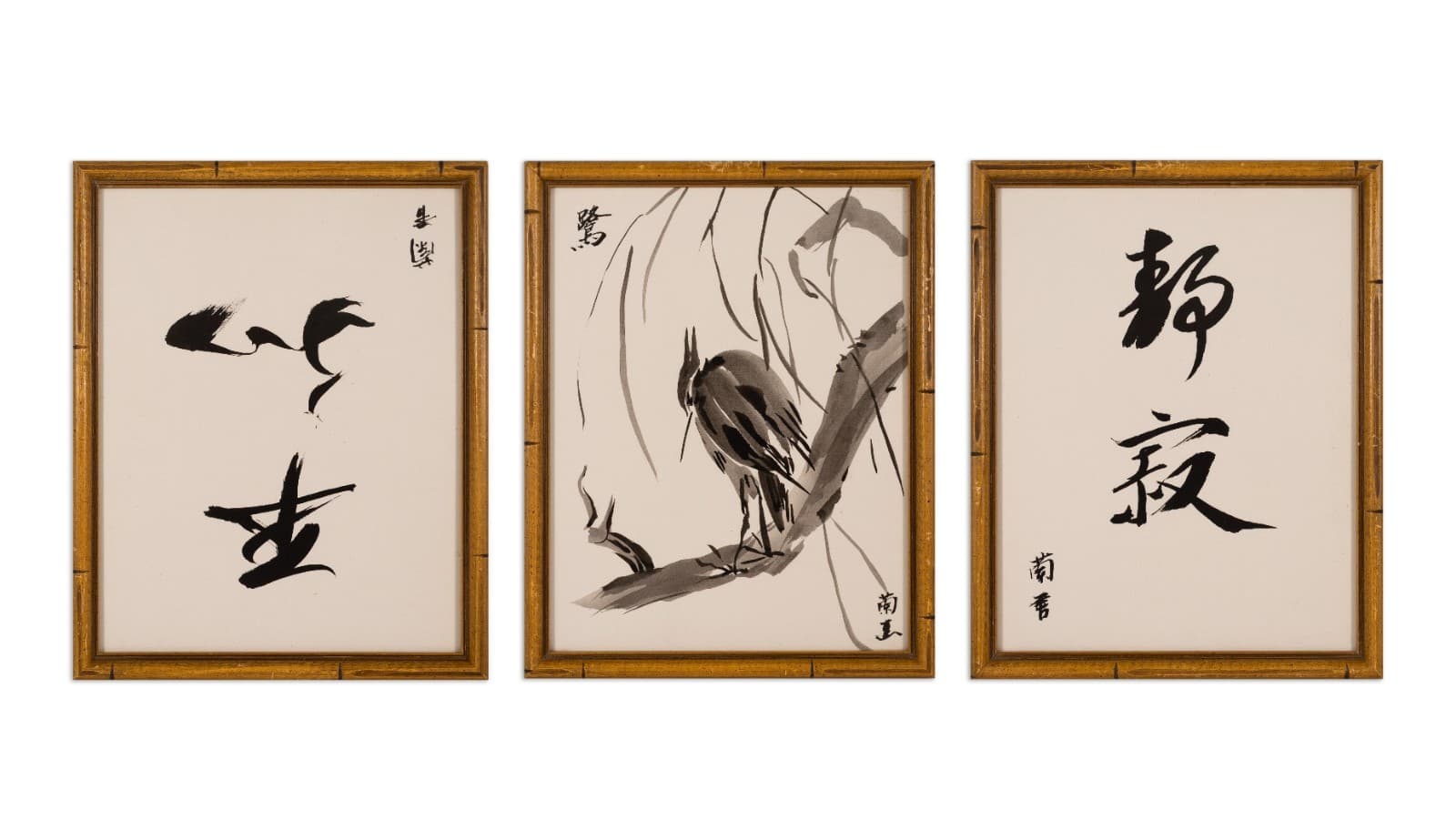 Modernist Asian Calligraphy Triptych Drawings on Paper with Bamboo Style Frames