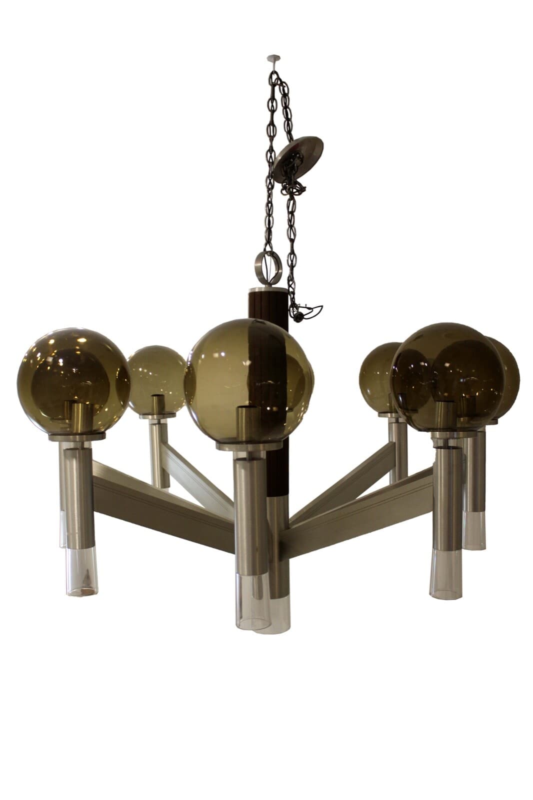 Large Mid Century Modern Smoked Glass & Metal & Walnut Chandelier Sonneman Style