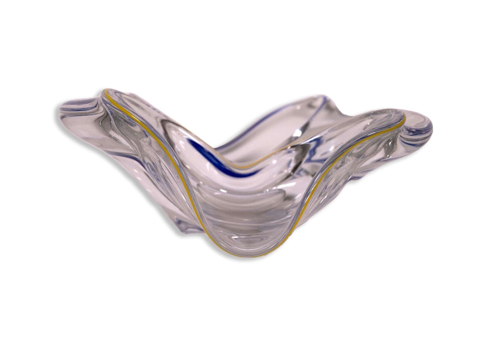 Frantisek Zemek Signed Blue and Yellow Abstract Glass Sculpture with Dual Bowls