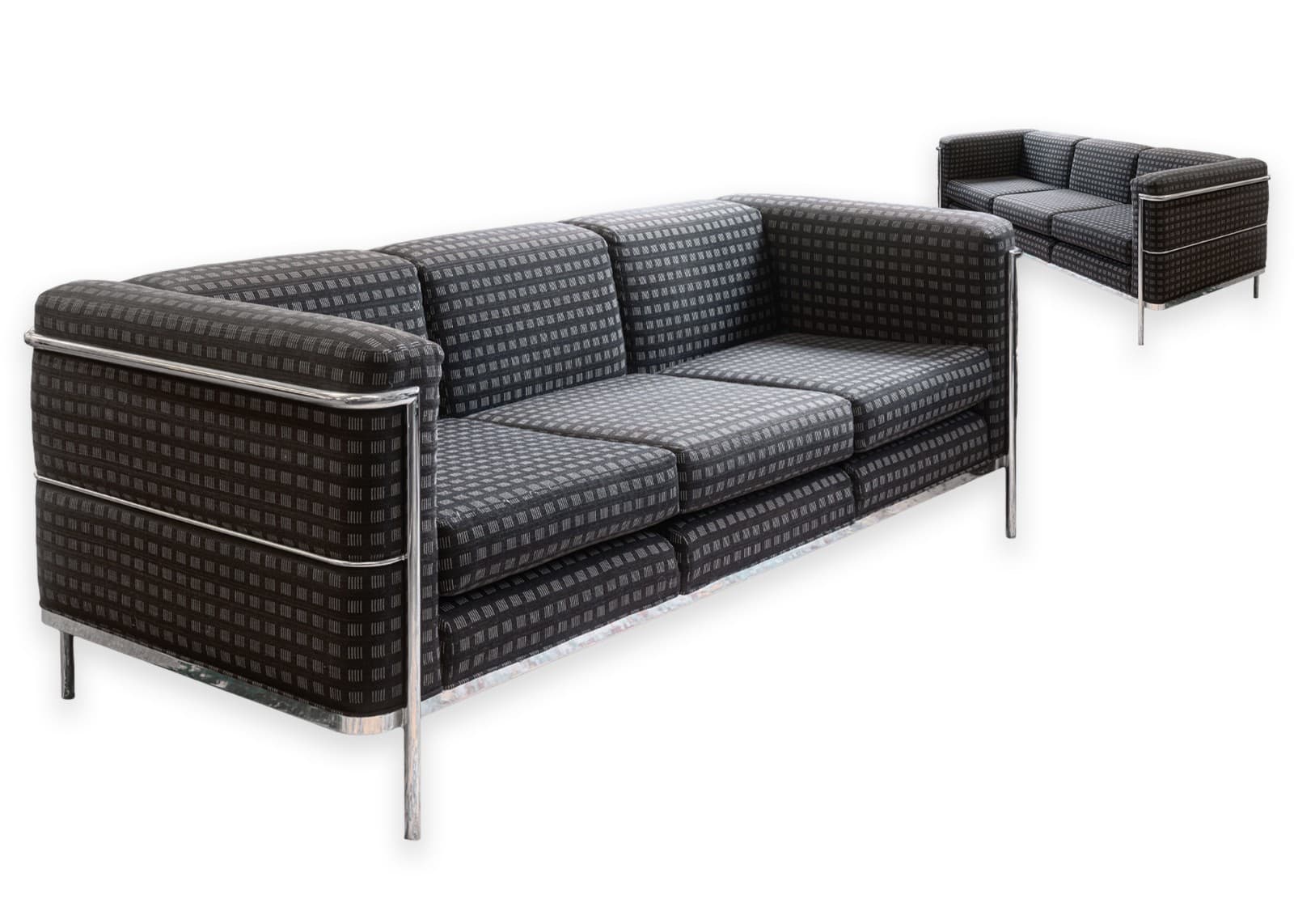 Pair of 1980s Jack Cartwright Corbusier LC2 Style Black Fabric & Chrome Sofas