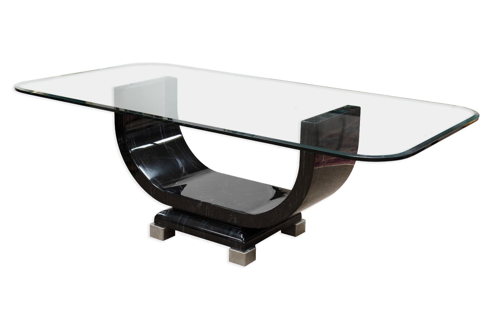 Art Deco Style Post Modern Black Lacquer Dining Table With Glass Top