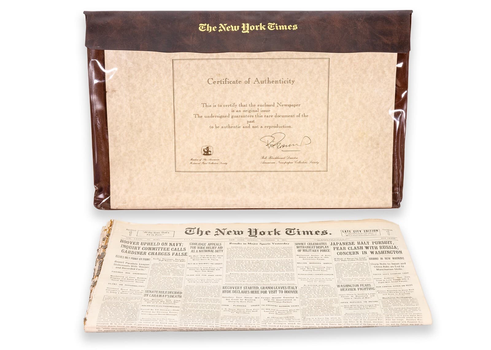Vintage November 8th 1931 New York Times Newspaper with COA