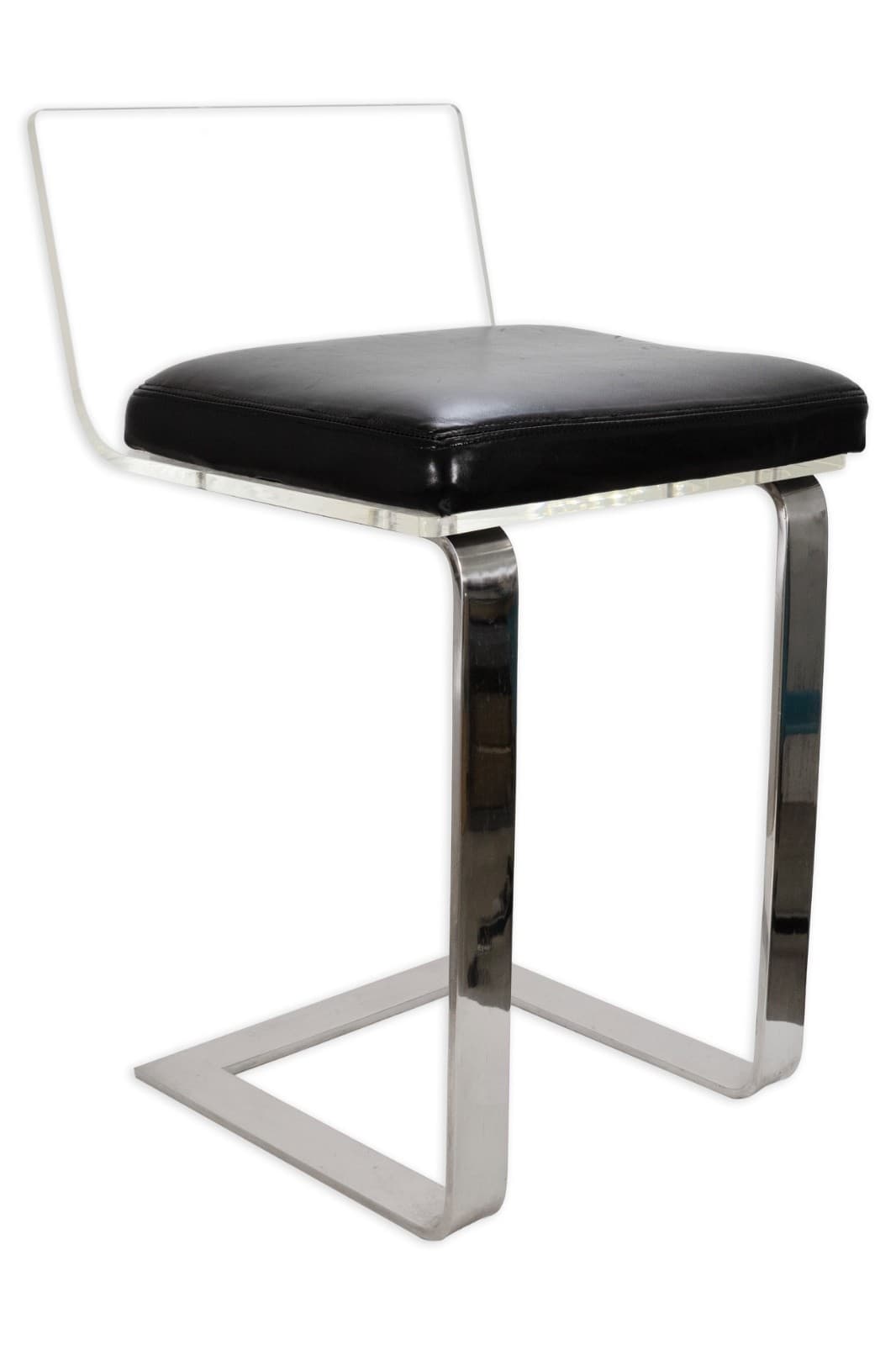 Mid Century Modern Black Leather And Lucite Barstool With Chrome Legs