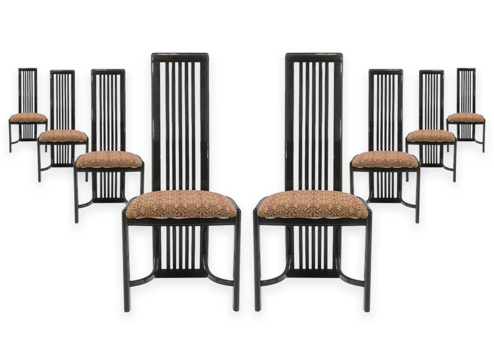 Set of 8 Liberty Postmodern Black Lacquered High Dining Chairs with Knoll Fabric