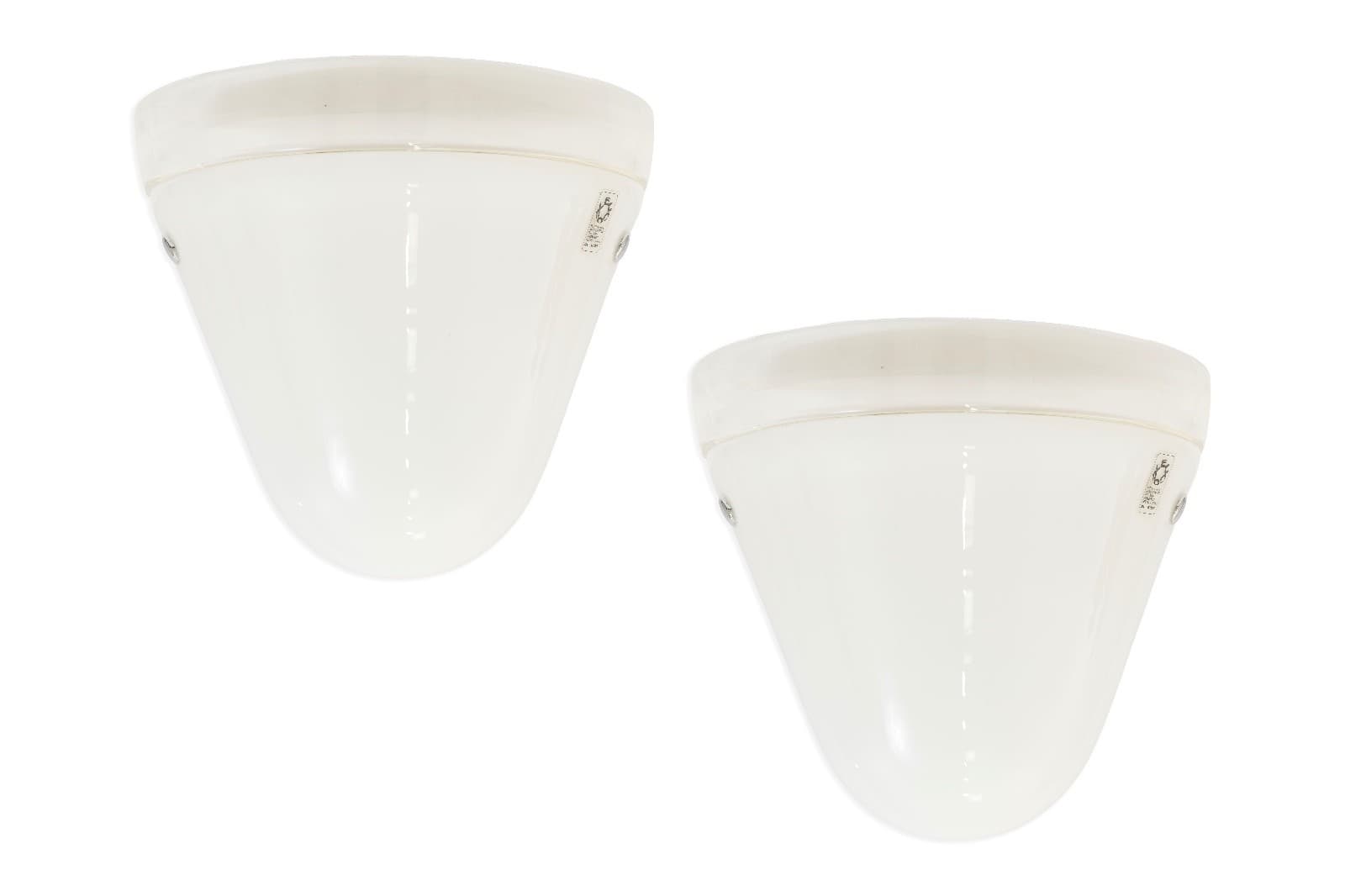 Pair Of Handcrafted Leucos Italian Milky White 1960s Sconces
