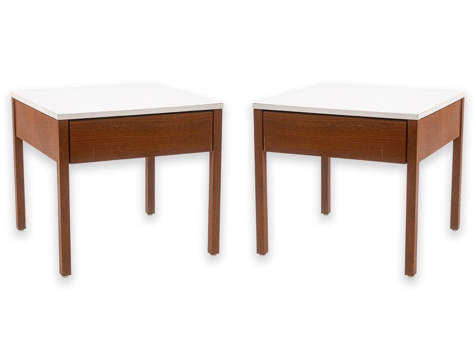 Pair of Florence Knoll for Knoll Walnut & White Laminate Vintage Side End Tables