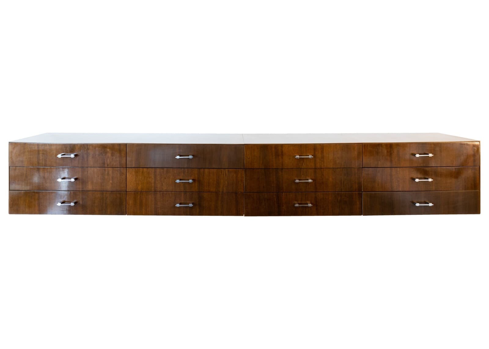Mid Century Modern 3 Piece Walnut Chrome Tobocman Wall Hanging Floating Credenza
