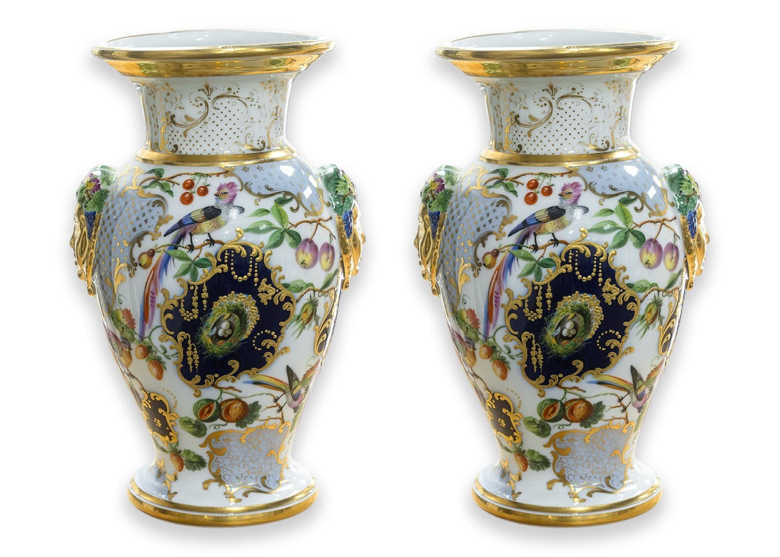 Pair of Antique 19th Century Hand Painted Floral White Porcelain Ceramic Vases