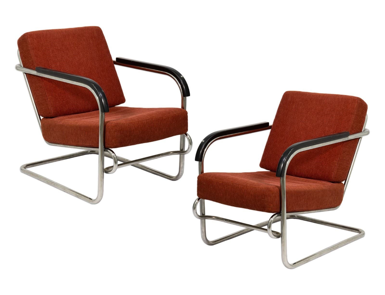 Bauhaus / Thonet Style Pair of Armchairs c. 1930s Tubular Steel with Red-Brown U