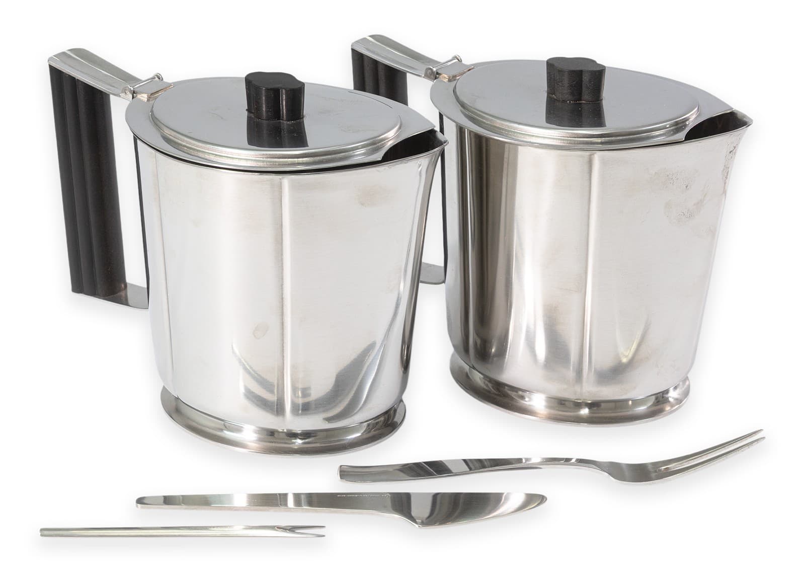 Georg Jensen Serving Set Knife / Forks + Gense Pair of Teapots Stainless Denmark