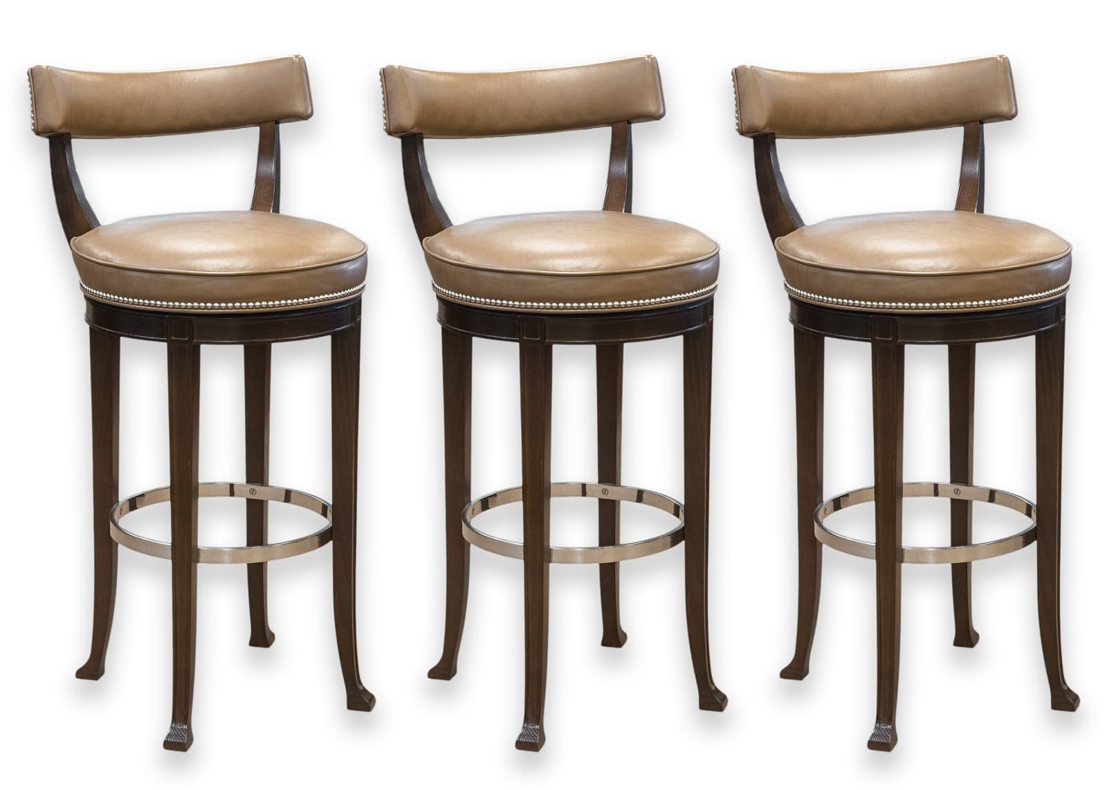 Set of 3 Custom Made Richard Ross Designs Brown Leather and Wood Barstools