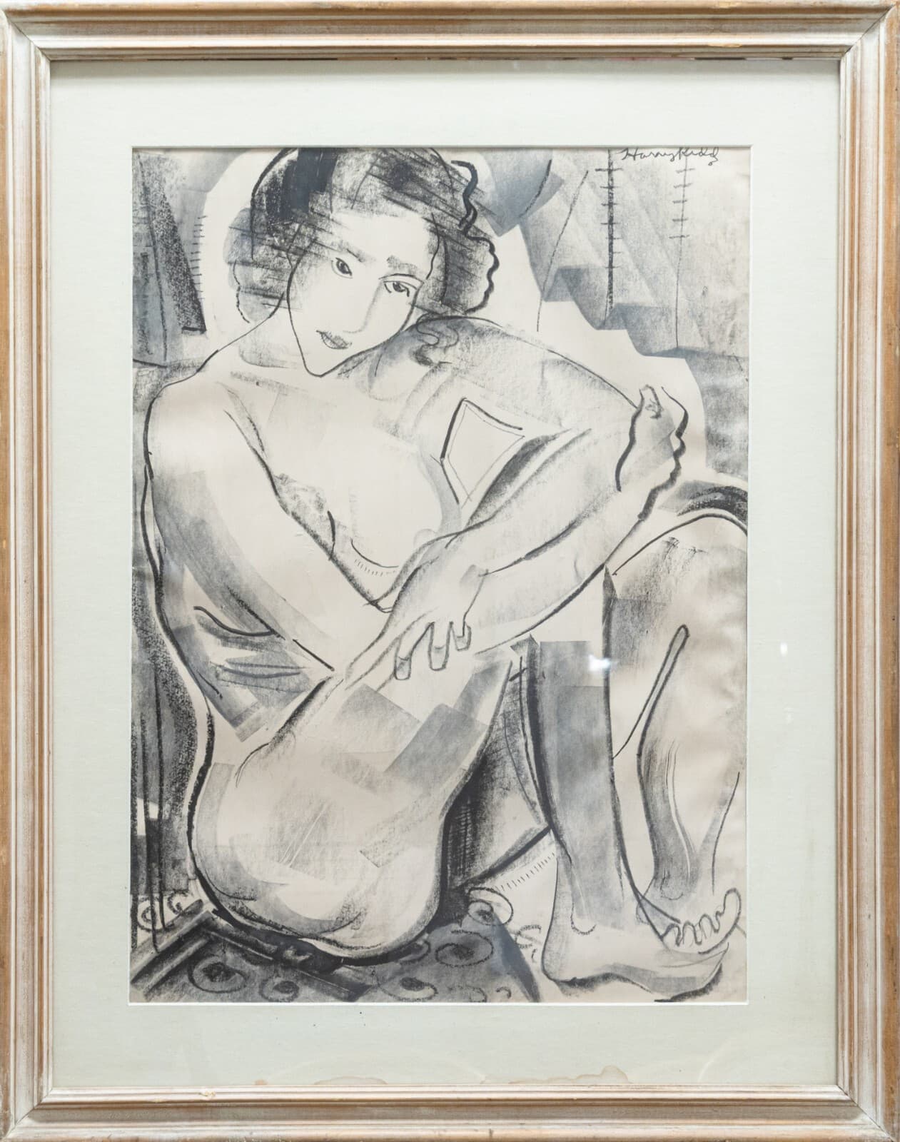 Modernist Figurative Female Nude Pencil and Charcoal Drawing on Paper Signed