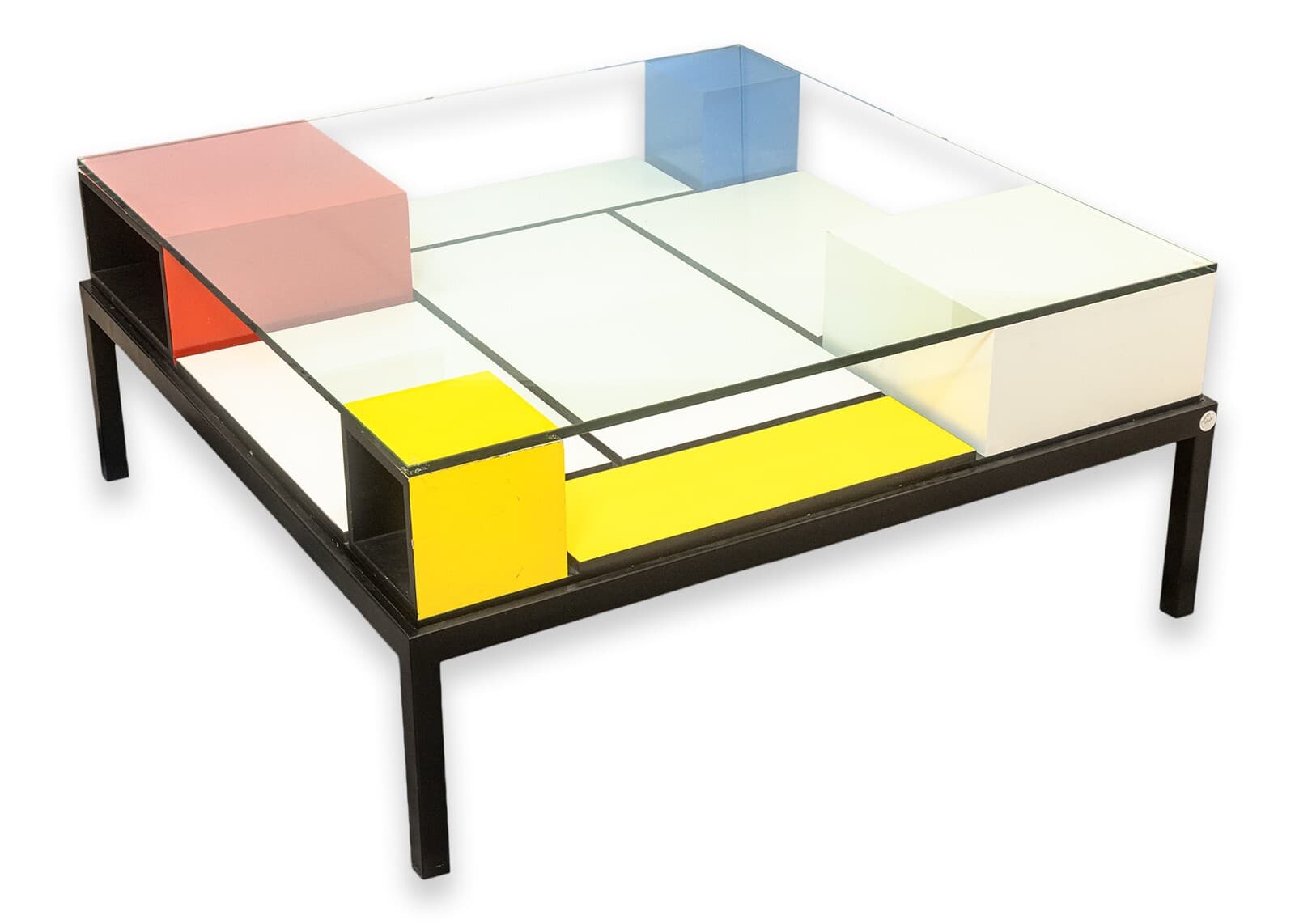Custom Made Piet Mondrian Style Postmodern Square Glass and Wood Coffee Table