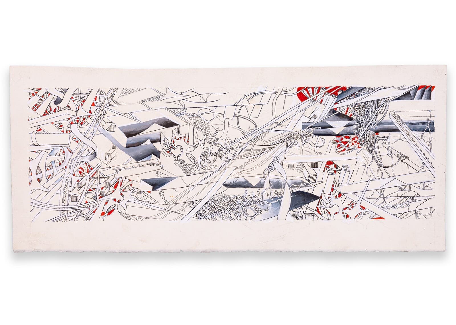 Glen Michaels Signed Modern Red & Gray Watercolor Ink Drawing Paper 8.5h x 20w