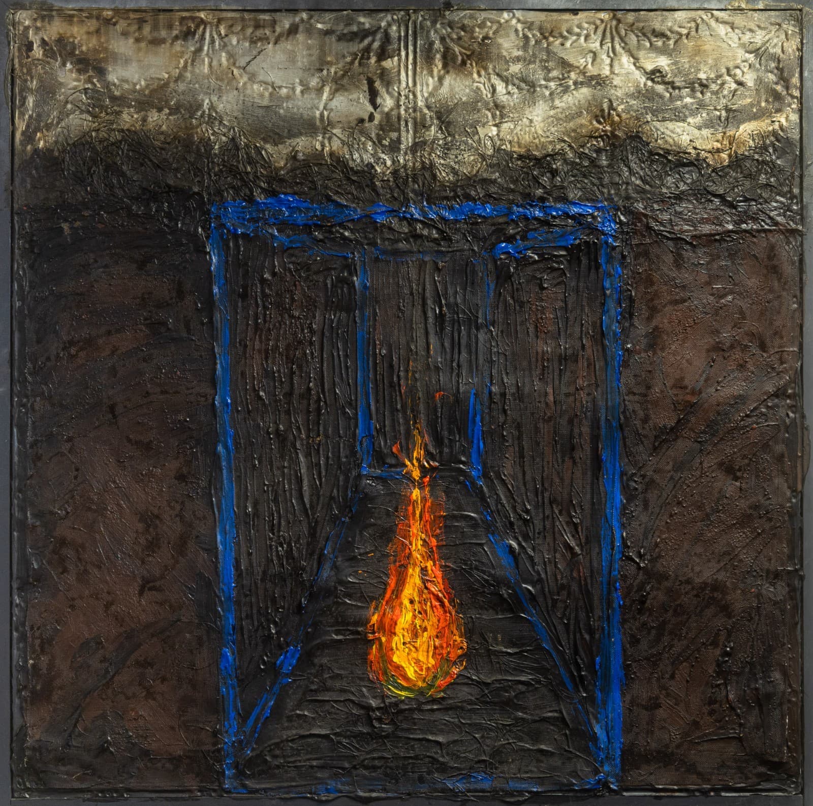 Postmodern Abstract Surrealism Impasto Oil on Antique Wood Paneling Signed