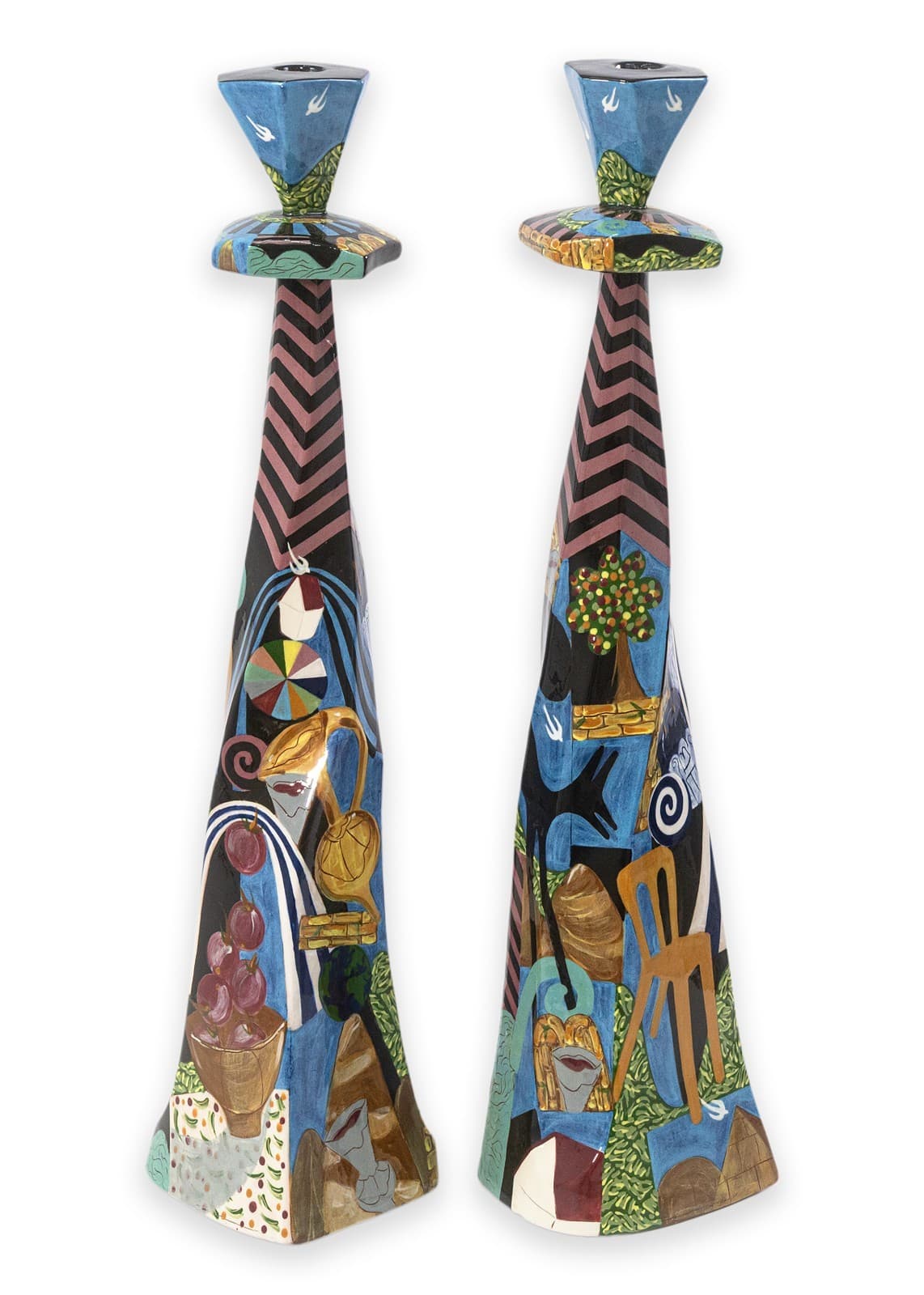 Robert Lipnick Candlestick Holders 1994 Signed Hand Painted Pottery Postmodern