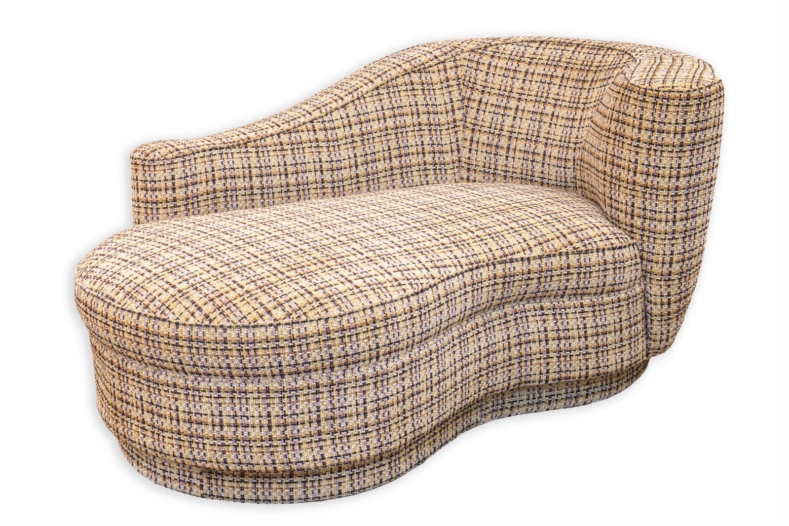 Vintage Post Modern Plinth Base Beige Tweed Fabric Chaise Sofa Lounge Chair