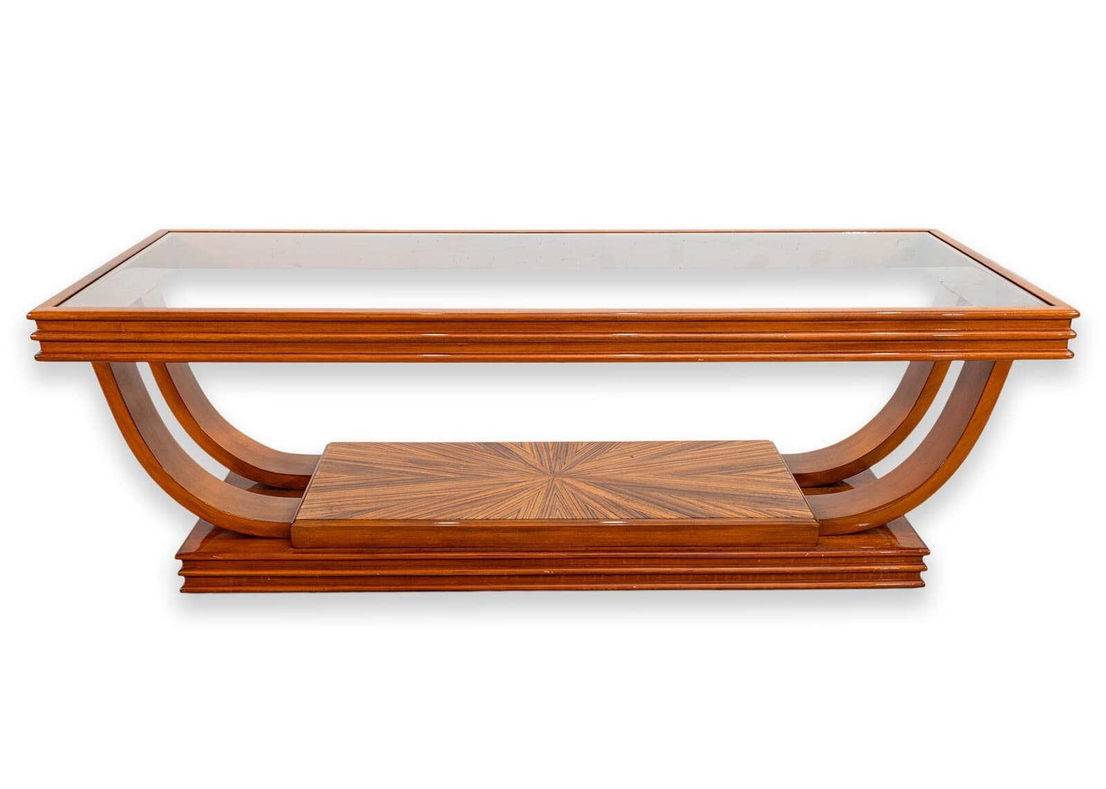 Art Deco Style Double Arch Rosewood and Glass Rectangular Coffee Table