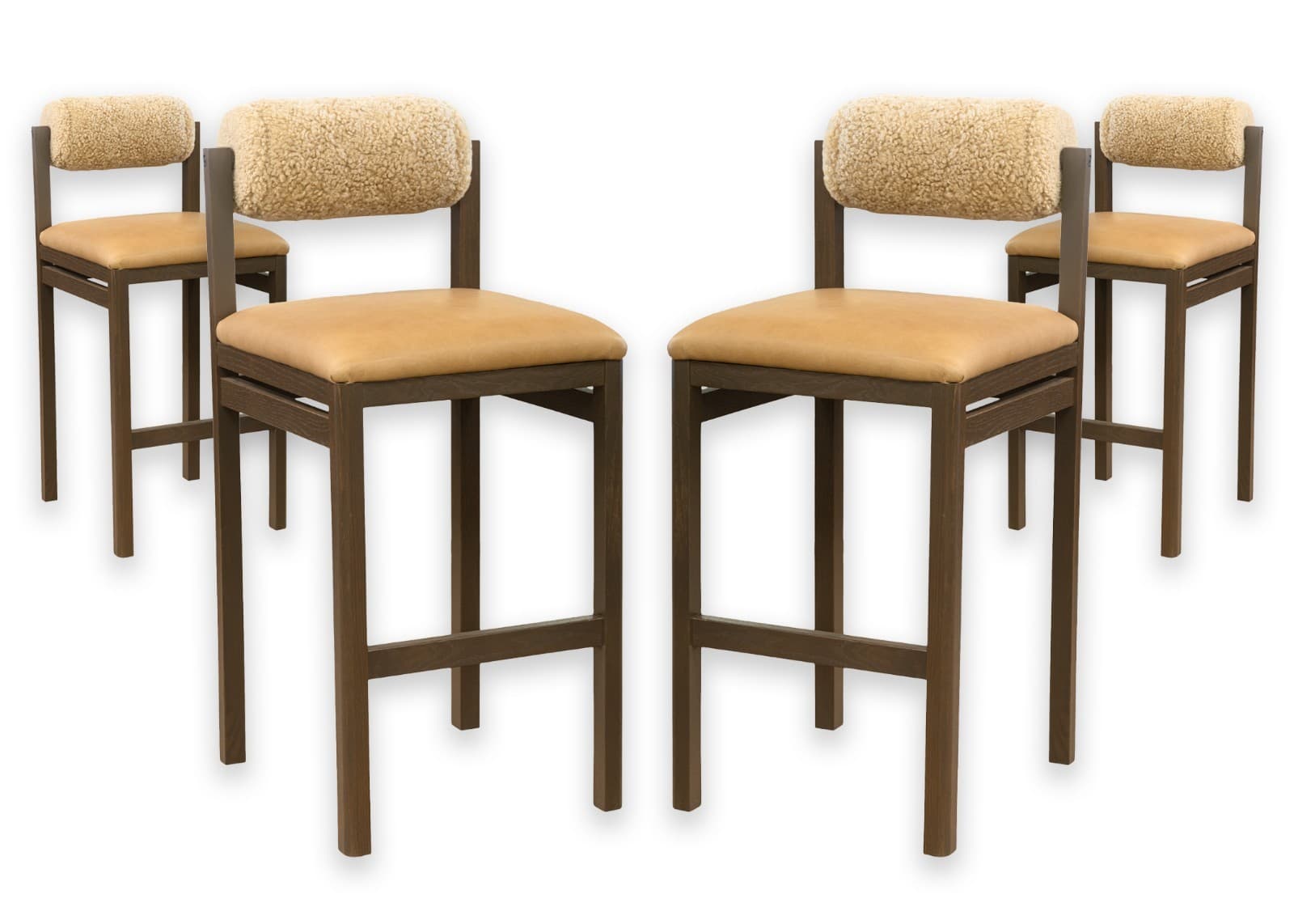 Set of 4 Thayer Barstools by Maiden Home Dark Oak Wood Leather & Shearling Seats