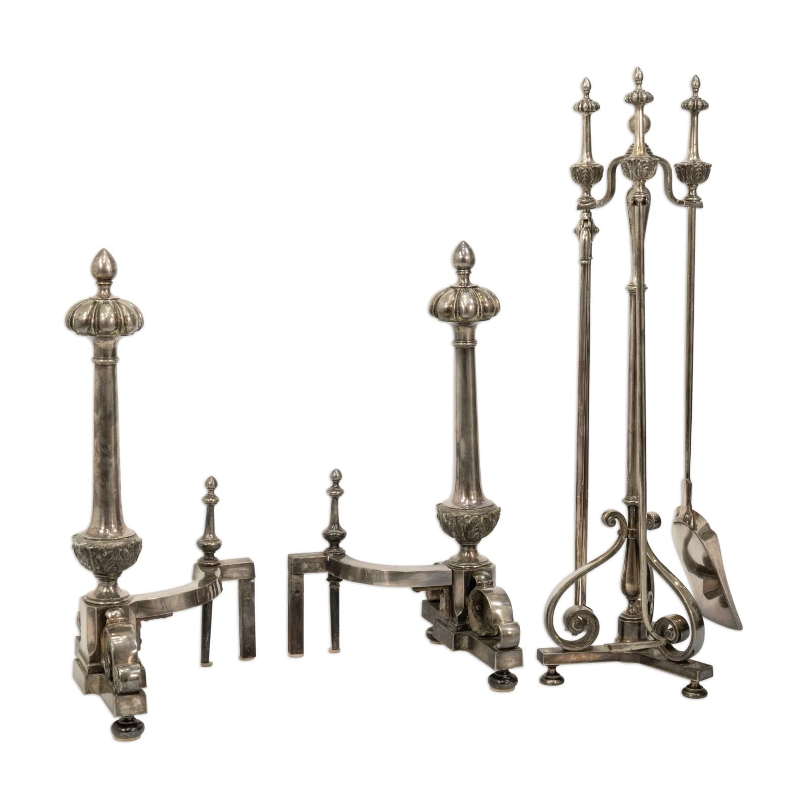 Neo Classical Baroque Style Polished Steel Fireplace Tools & Andirons