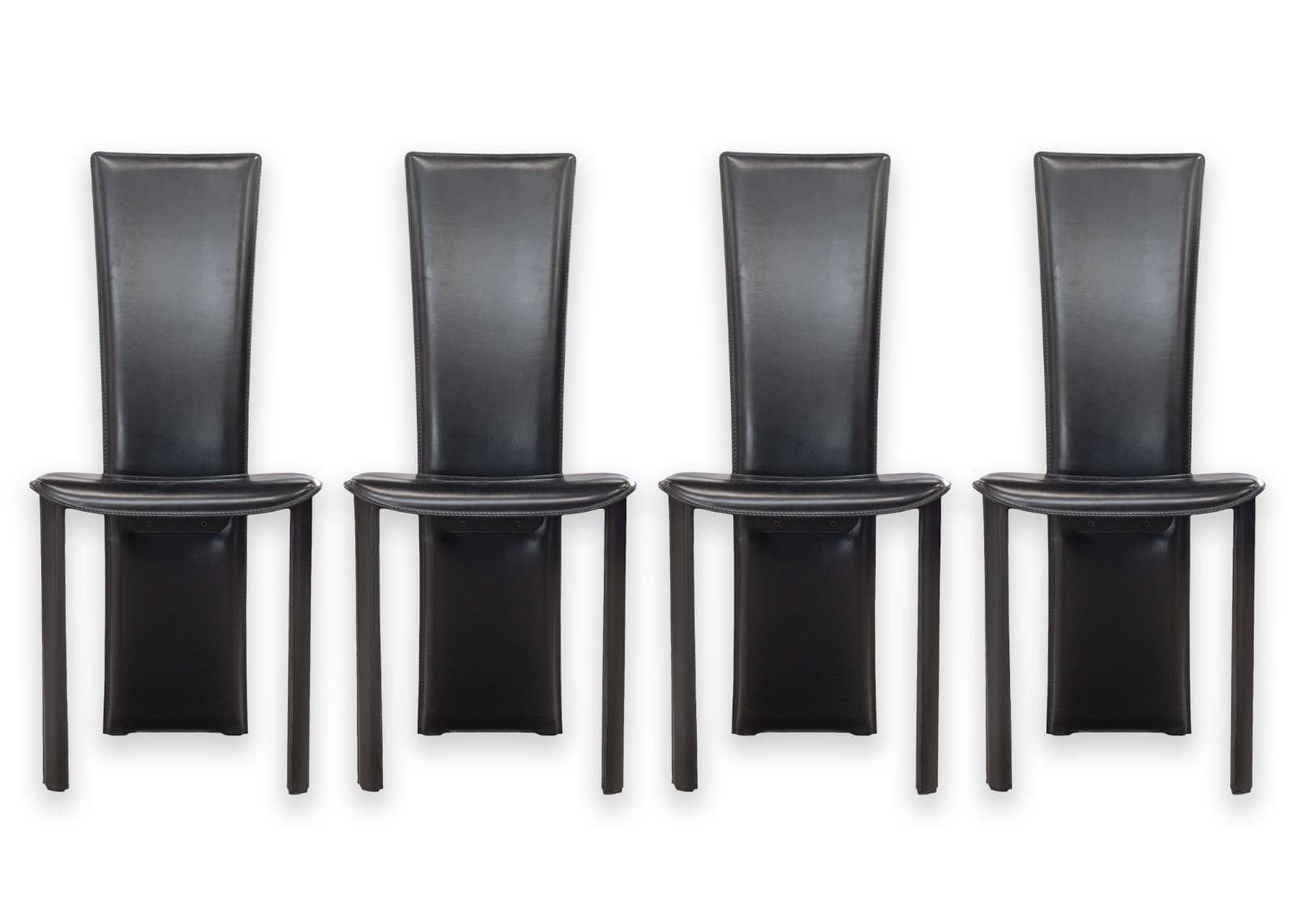 Vintage Set of 4 Pietro Costantini Tripod Black Italian Leather Dining Chairs