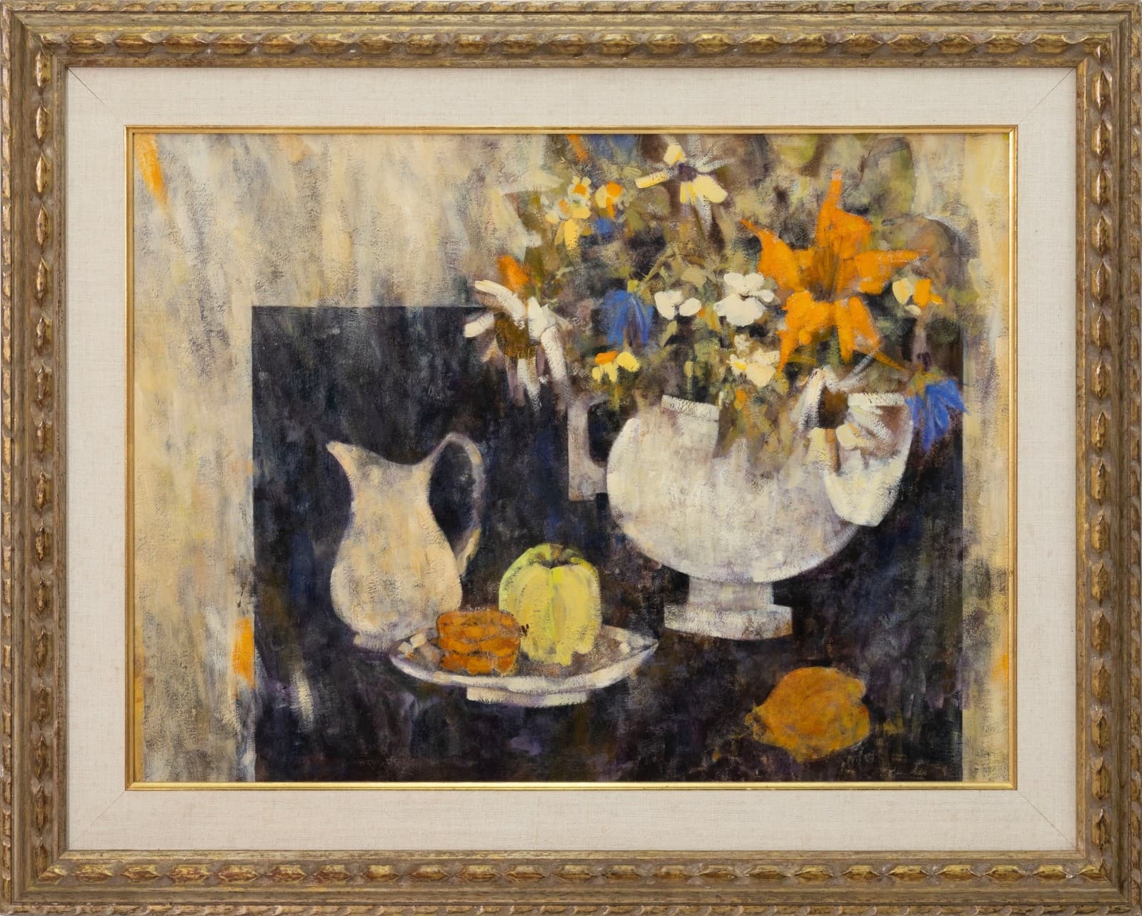 Richard Jerzy – Untitled (Still Life with Flowers & Fruit) Oil on Canvas Framed