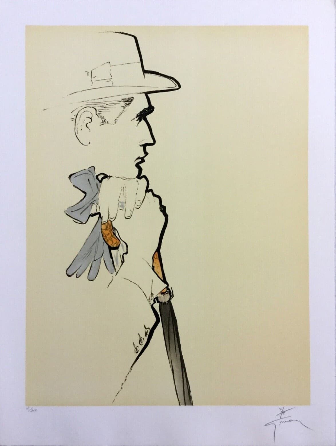Art Deco Modern Unframed Rene Gruau Hand Signed Lithograph Pensive Man w/ Gloves