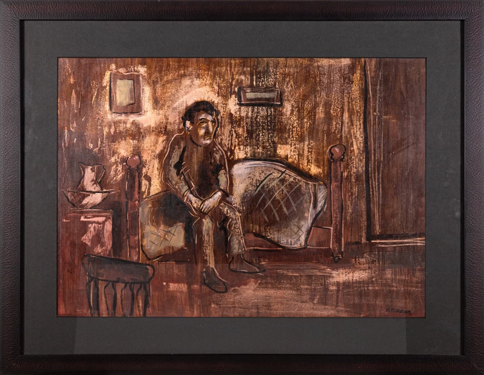 Modern German Expressionist Style Figurative Drawing on Paper Signed H. Kinz 49