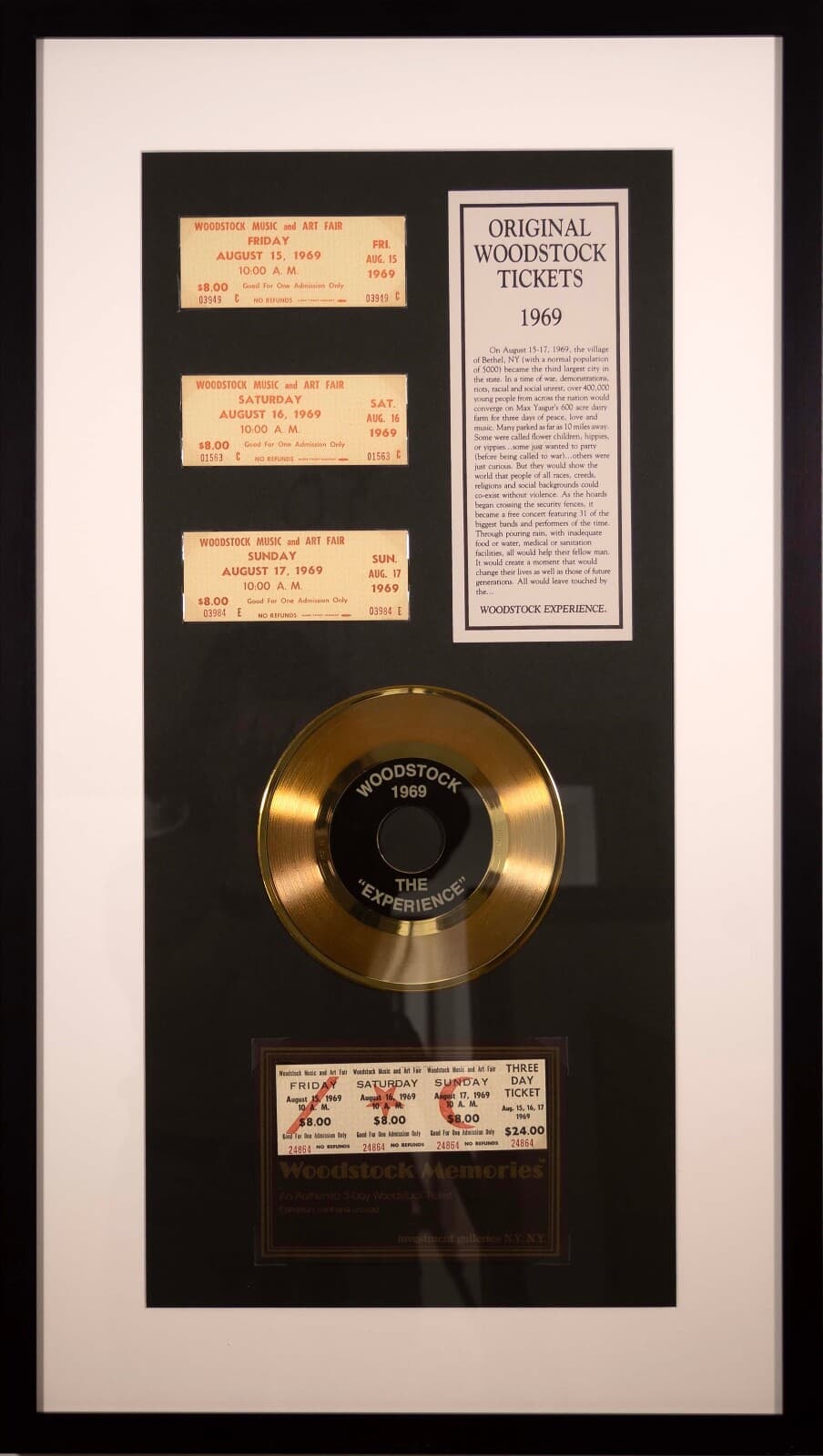 1969 Woodstock Memories Original Tickets & The Experience Mini-LP Record