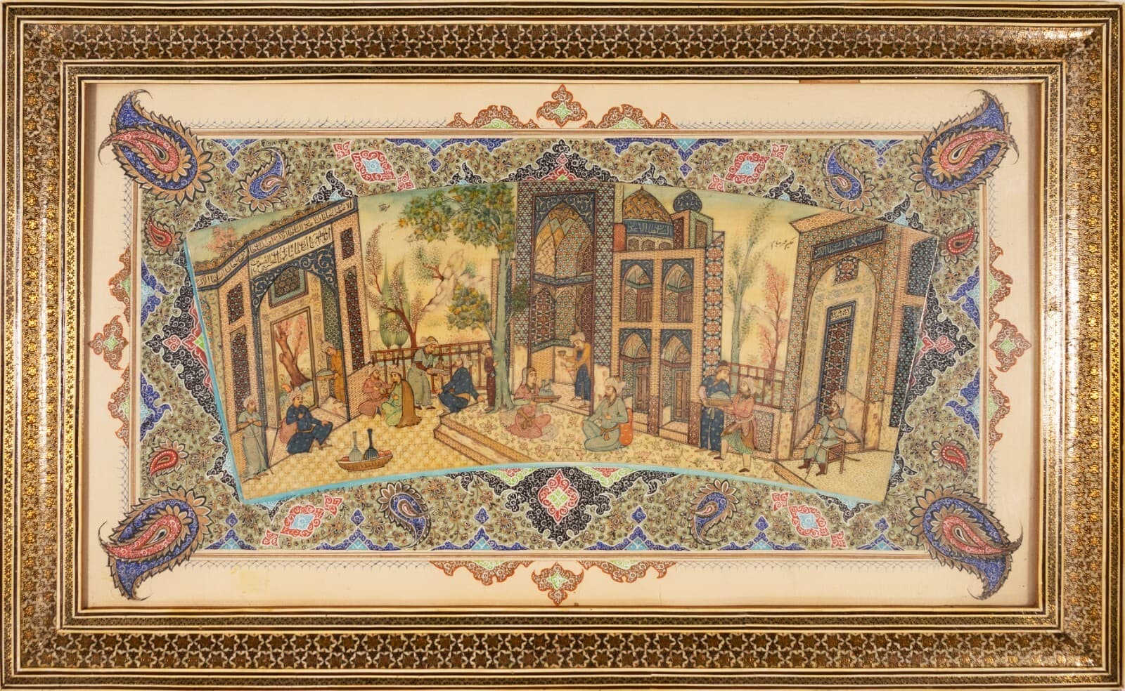 Traditional Indian Antique Oil Painting on Thin Bone Panel Inlaid Mosaic Frame