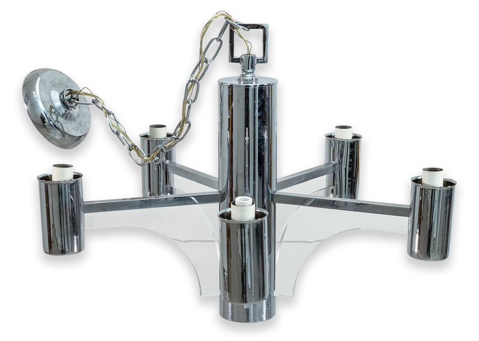 Sciolari Style Vintage Chrome and Lucite Chained Chandelier Light Fixture
