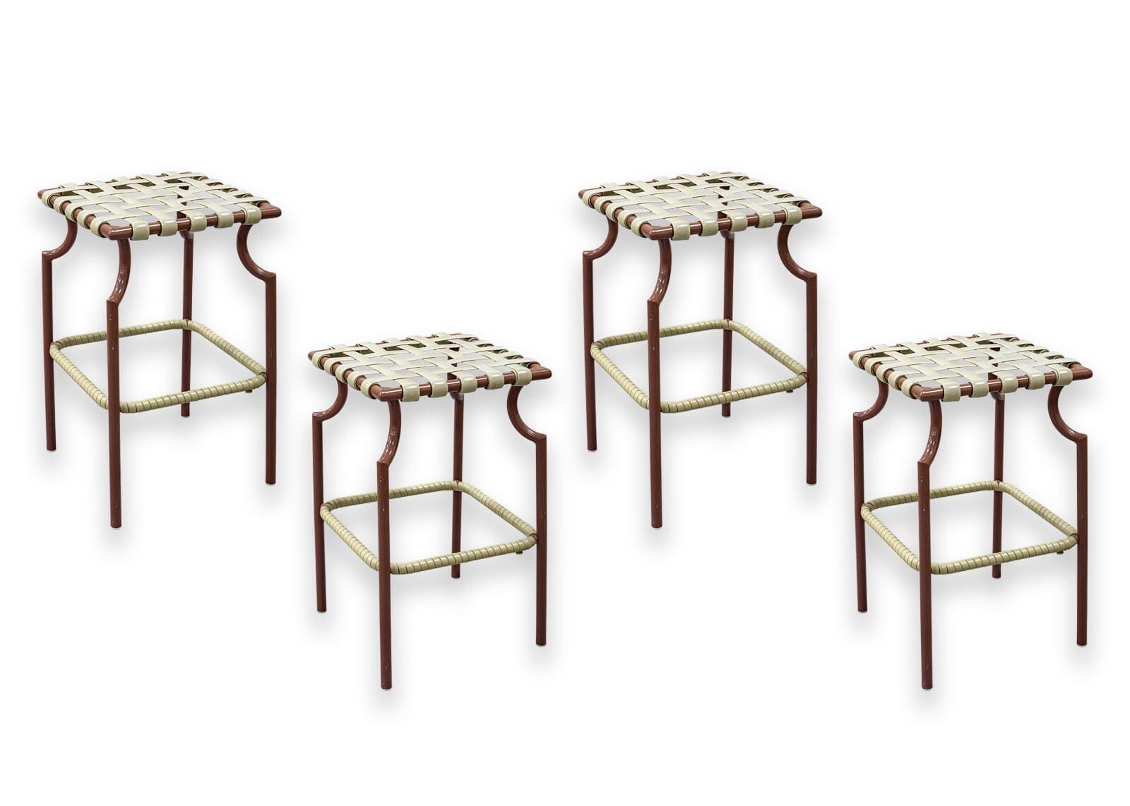 Set of 4 Vintage Tropitone Brown and Beige Woven Vinyl Seat Outdoor Patio Stools