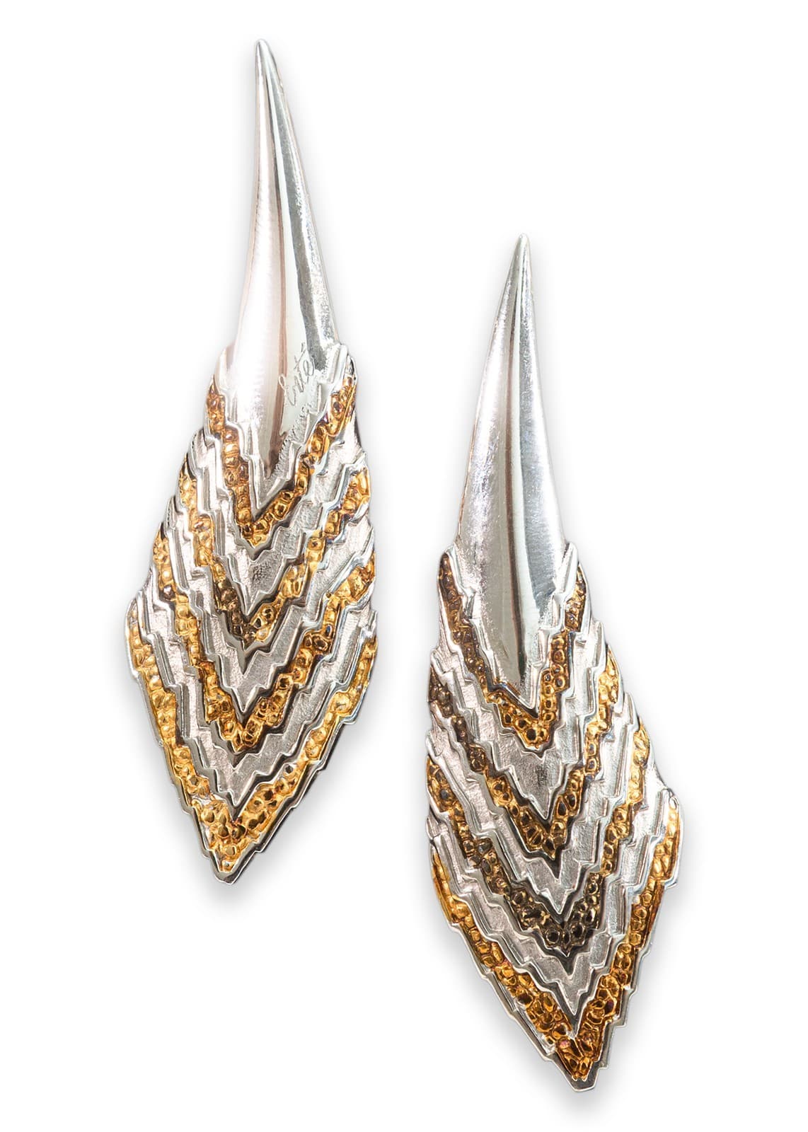 Pair of Vintage 1980s Erte Silver and 14K Yellow Gold Two Toned Feather Earrings