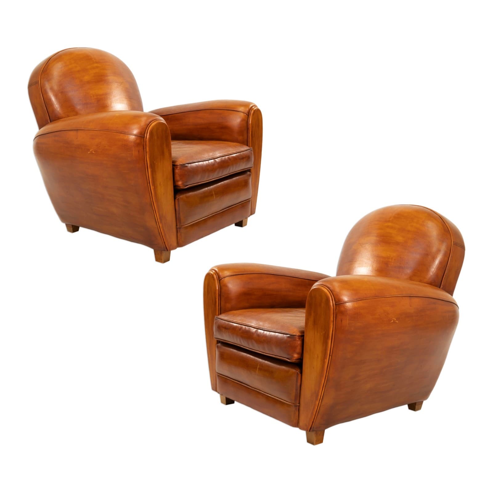 Pair Of French Artisan Made Cognac Leather Armchairs