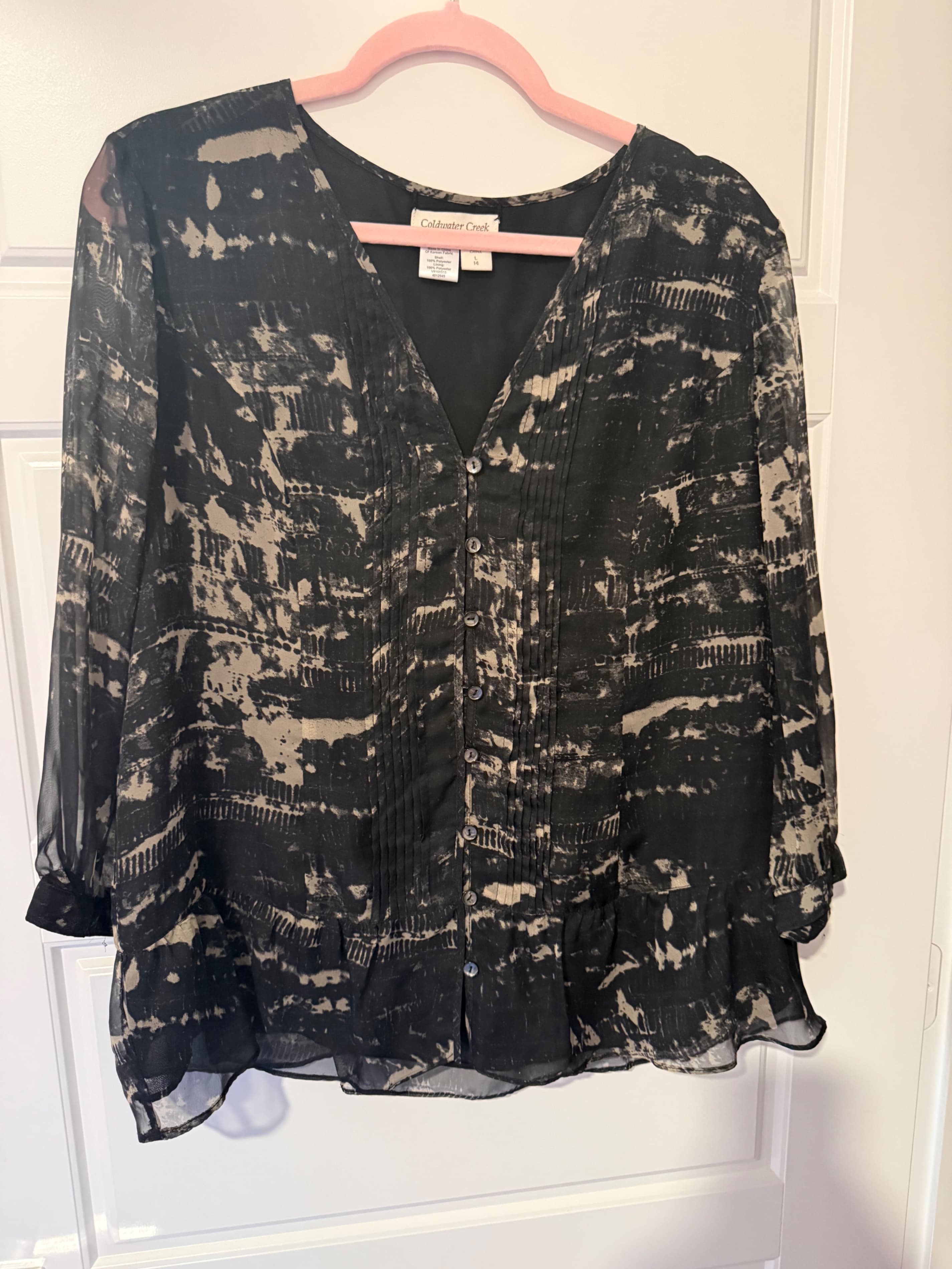 Coldwater Creek Women's Blouse Size L 14 Black Patterned