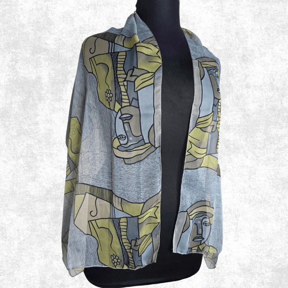 Sheer Abstract Art Scarf Wrap – Picasso Style Print – Lightweight Festival Layer