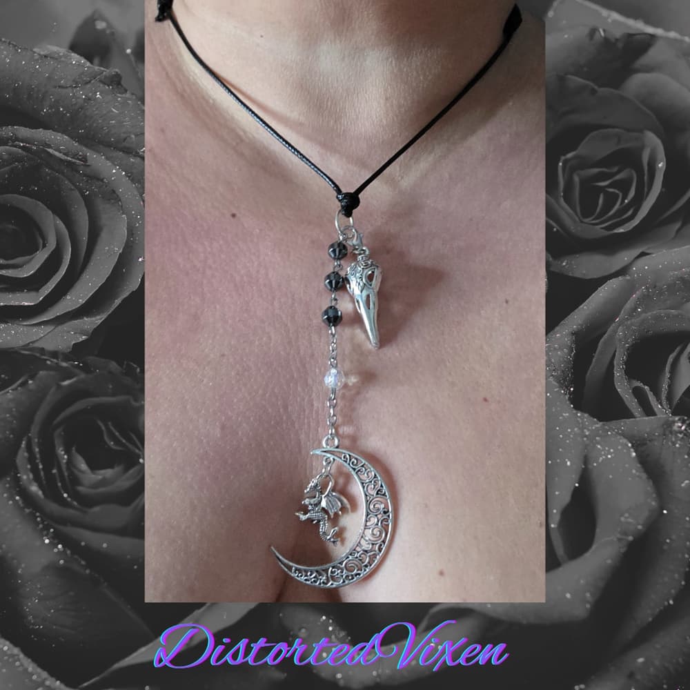 Hematite Dragon Moon Raven Skull Necklace | Gothic Protection Amulet | Shadow