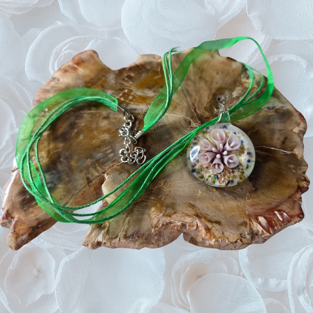 Green Ribbon Flower Pendant Necklace, Botanical Jewelry
